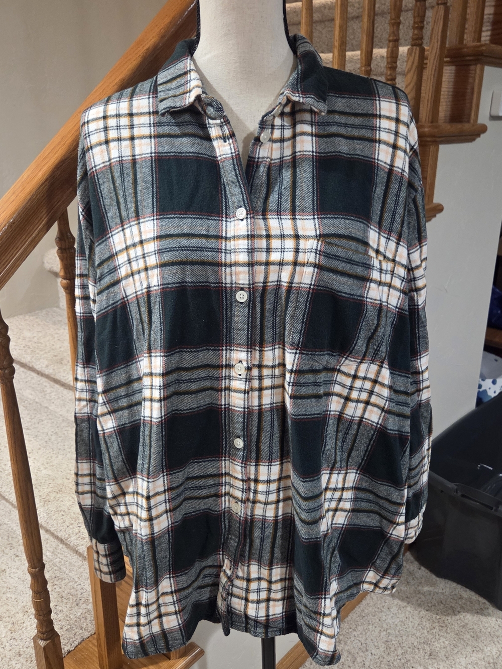 Old Navy Dark Green Plaid Button-Down Shirt with White and Tan Stripes
